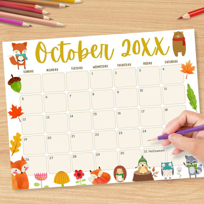 Customizable October Animal Fall Calendar