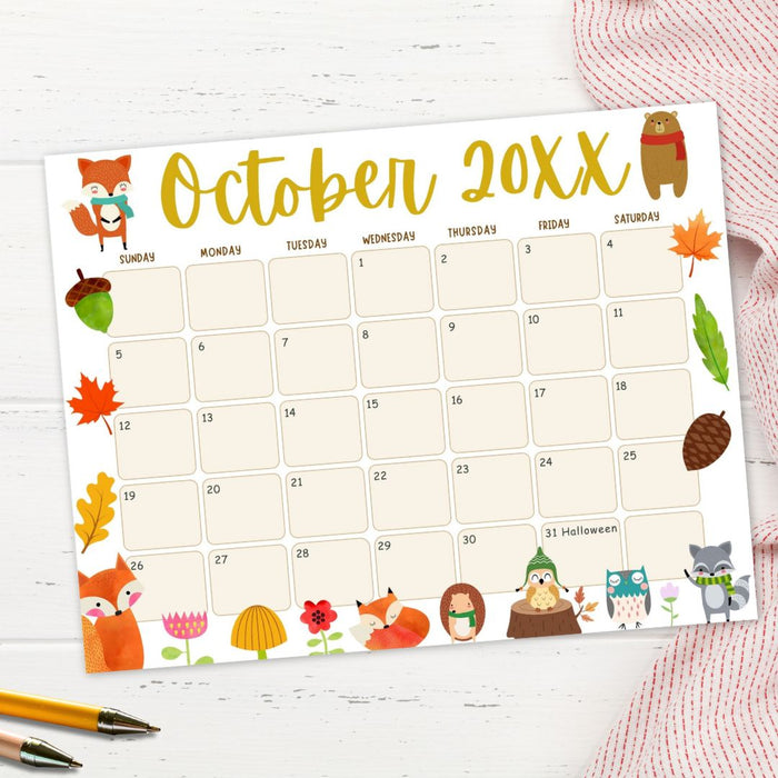 Customizable October Animal Fall Calendar