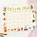 Customizable October Animal Fall Calendar