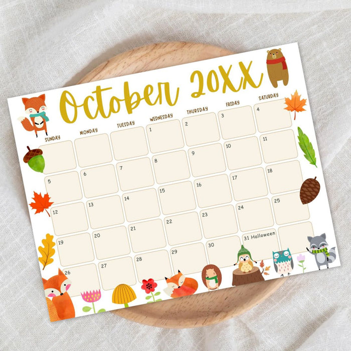 Customizable October Animal Fall Calendar