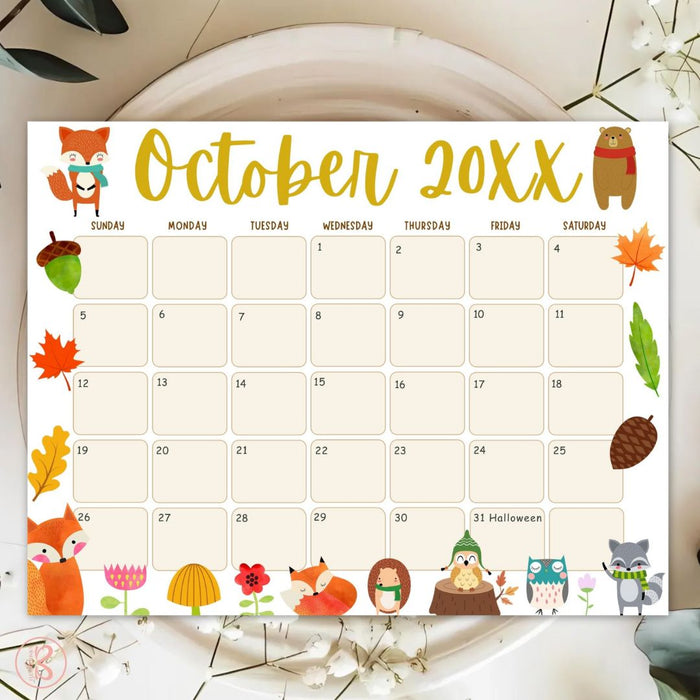 Customizable October Animal Fall Calendar