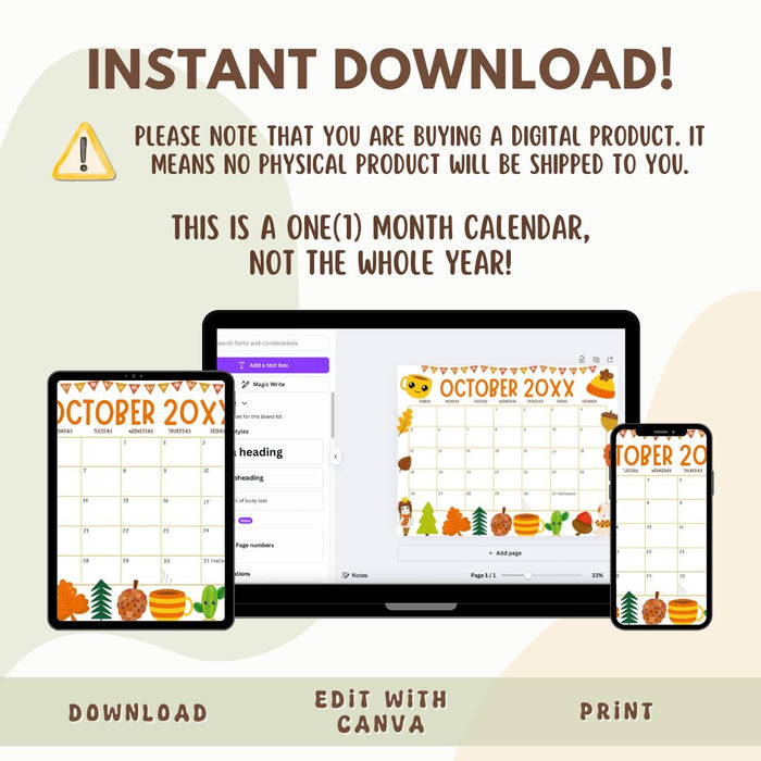 Customizable October Calendar with Fall Harvest Cute Theme