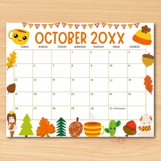 Customizable October Calendar with Fall Harvest Cute Theme