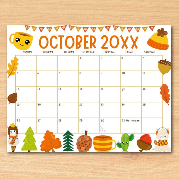 Customizable October Calendar with Fall Harvest Cute Theme
