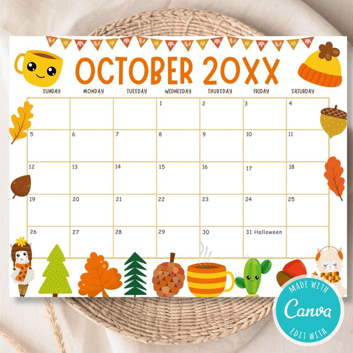 Customizable October Calendar with Fall Harvest Cute Theme