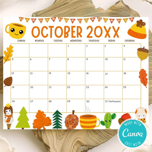 Customizable October Calendar with Fall Harvest Cute Theme