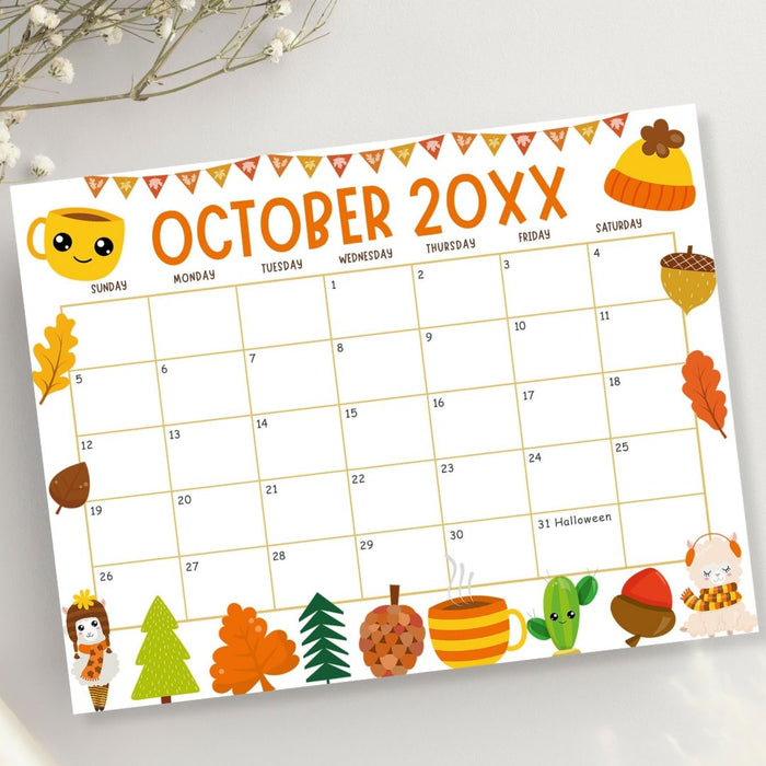 Customizable October Calendar with Fall Harvest Cute Theme