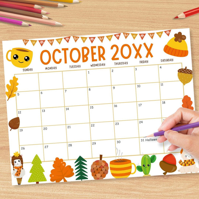 Customizable October Calendar with Fall Harvest Cute Theme