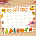 Customizable October Calendar with Fall Harvest Cute Theme