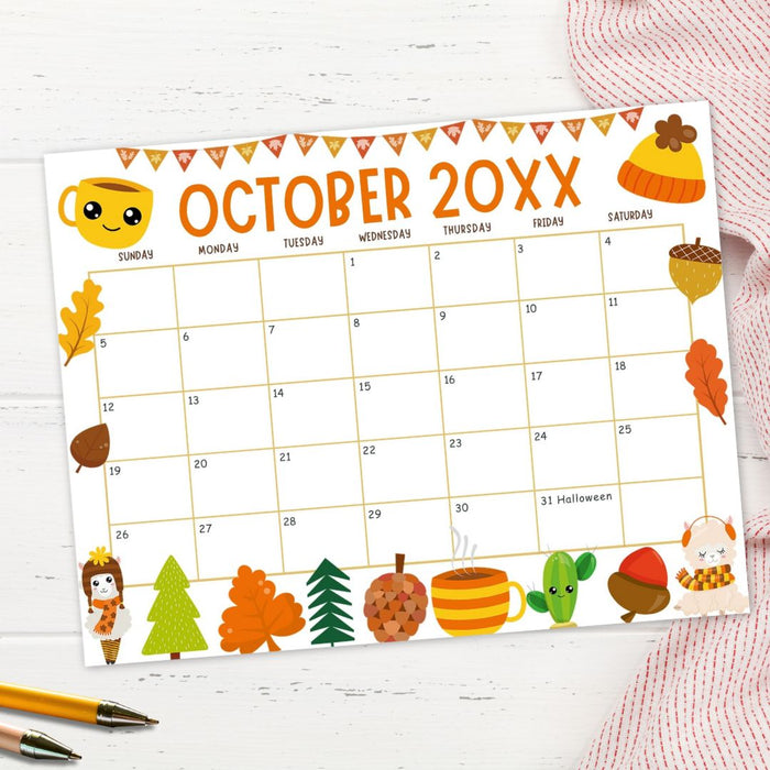 Customizable October Calendar with Fall Harvest Cute Theme
