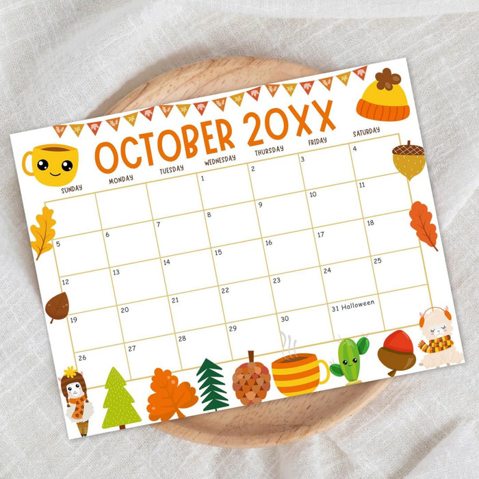 Customizable October Calendar with Fall Harvest Cute Theme