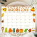 Customizable October Calendar with Fall Harvest Cute Theme
