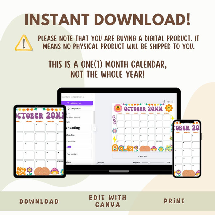 Customizable Retro Groovy October Calendar Printable Design