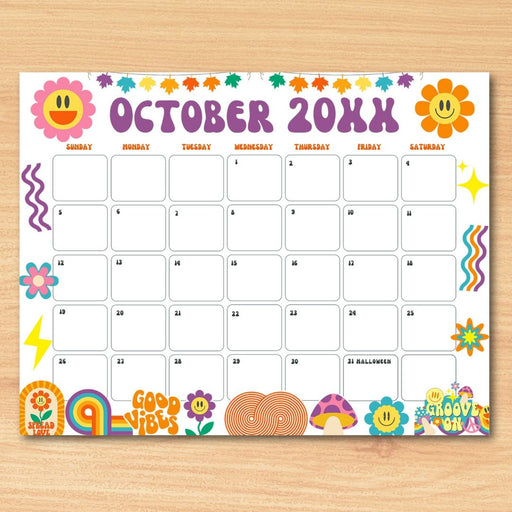Customizable Retro Groovy October Calendar Printable Design