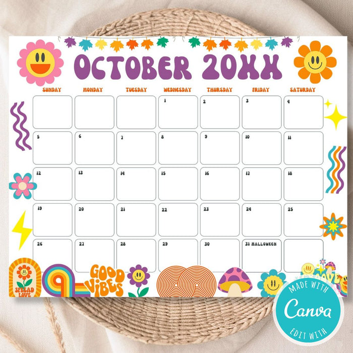 Customizable Retro Groovy October Calendar Printable Design