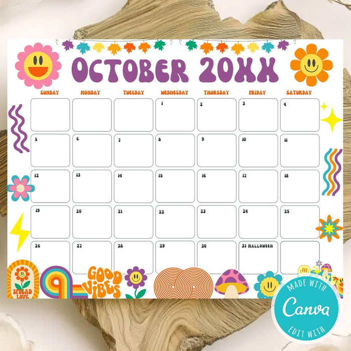 Customizable Retro Groovy October Calendar Printable Design