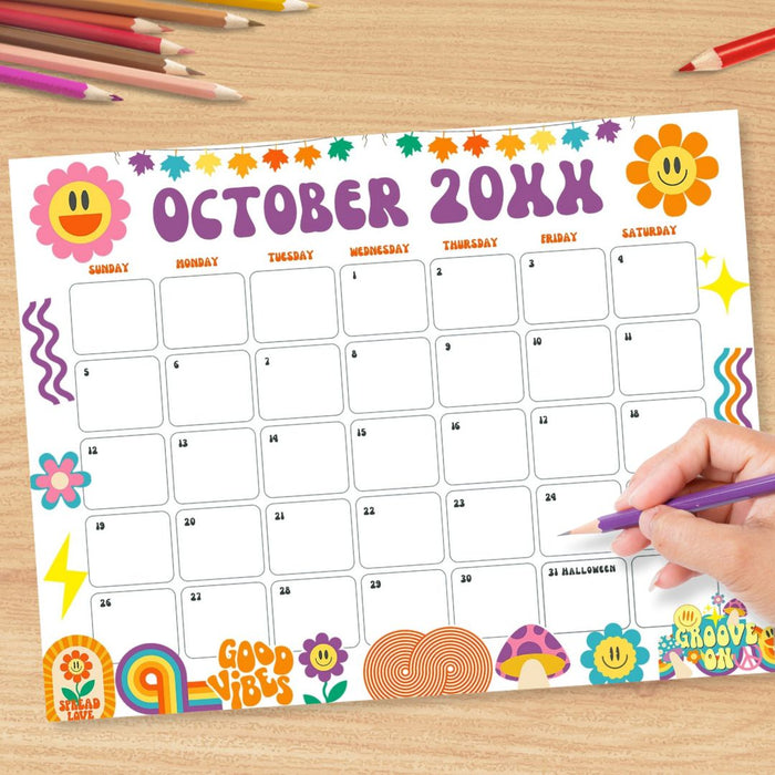 Customizable Retro Groovy October Calendar Printable Design