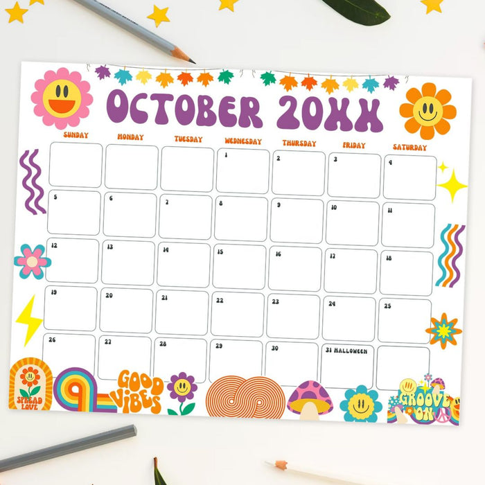 Customizable Retro Groovy October Calendar Printable Design