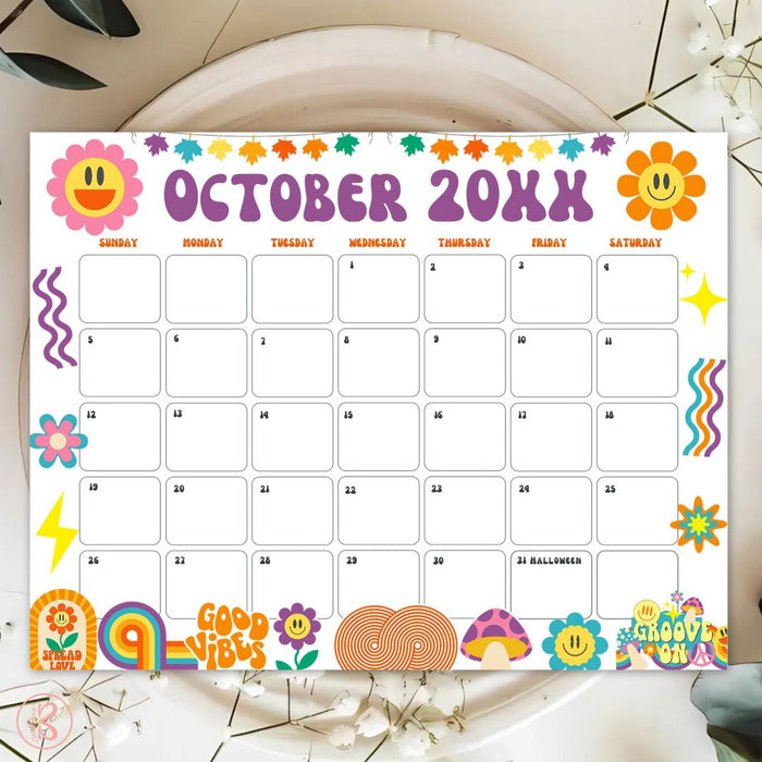 Customizable Retro Groovy October Calendar Printable Design