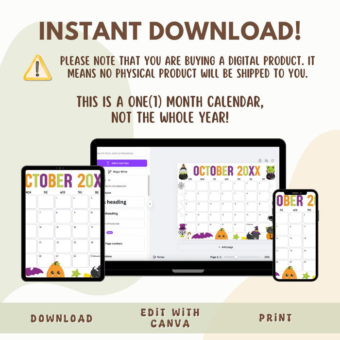 Customizable Whimsical Halloween October Calendar Template