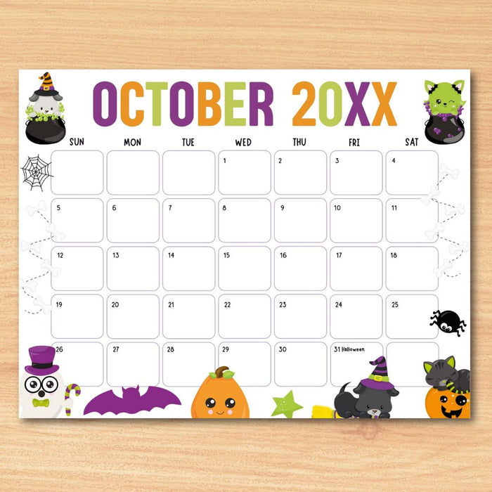 Customizable Whimsical Halloween October Calendar Template