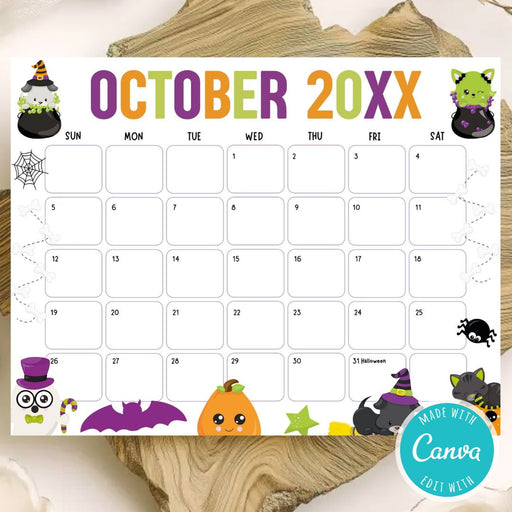 Customizable Whimsical Halloween October Calendar Template