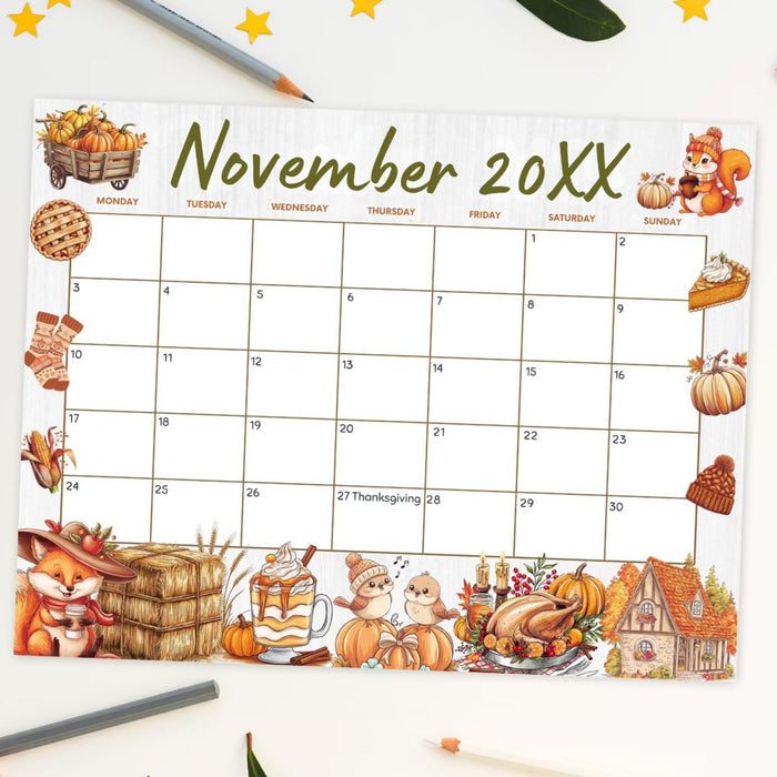 Customizable November Calendar Printable for Fall Thanksgiving