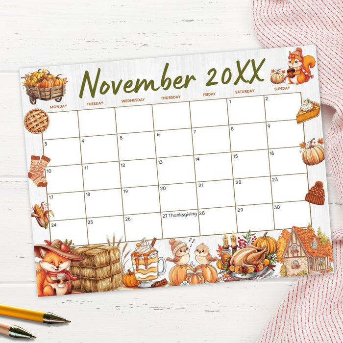 Customizable November Calendar Printable for Fall Thanksgiving
