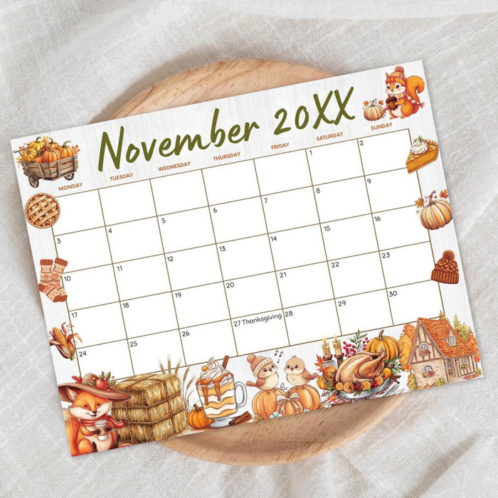 Customizable November Calendar Printable for Fall Thanksgiving