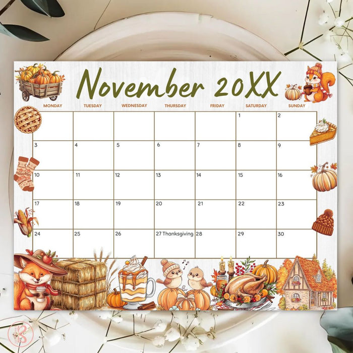 Customizable November Calendar Printable for Fall Thanksgiving
