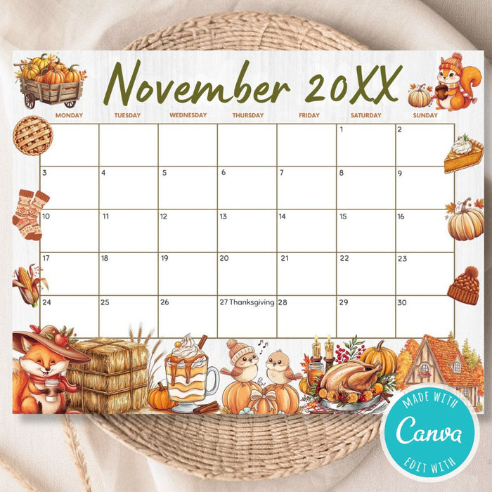 Customizable November Calendar Printable for Fall Thanksgiving