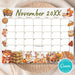 Customizable November Calendar Printable for Fall Thanksgiving