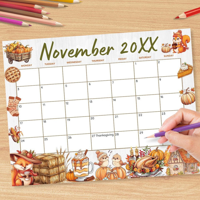 Customizable November Calendar Printable for Fall Thanksgiving