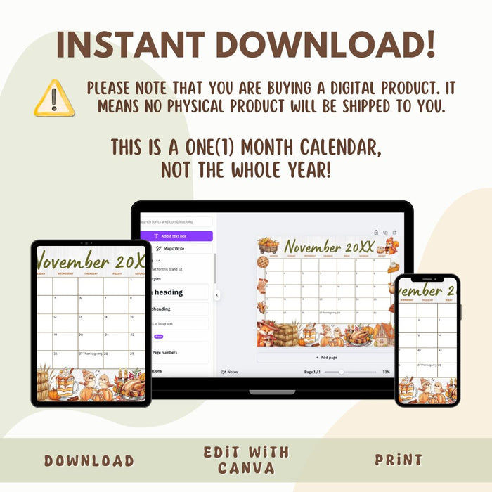 Customizable November Calendar Printable for Fall Thanksgiving