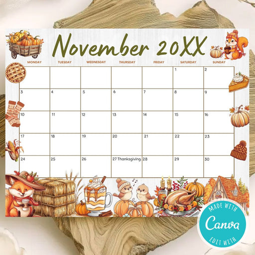 Customizable November Calendar Printable for Fall Thanksgiving