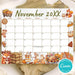 Customizable November Calendar Printable for Fall Thanksgiving