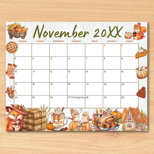 Customizable November Calendar Printable for Fall Thanksgiving