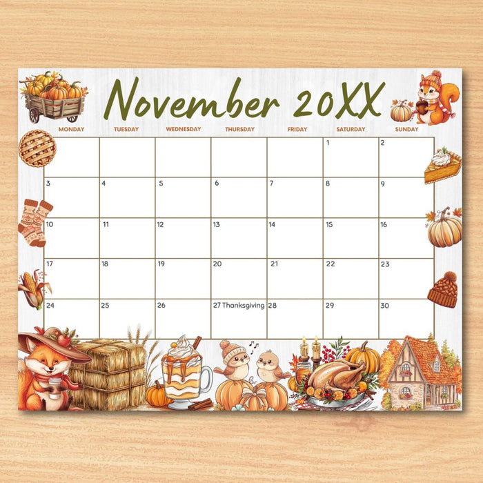 Customizable November Calendar Printable for Fall Thanksgiving