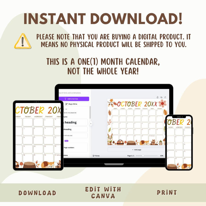 Cute Fall Animal October Calendar