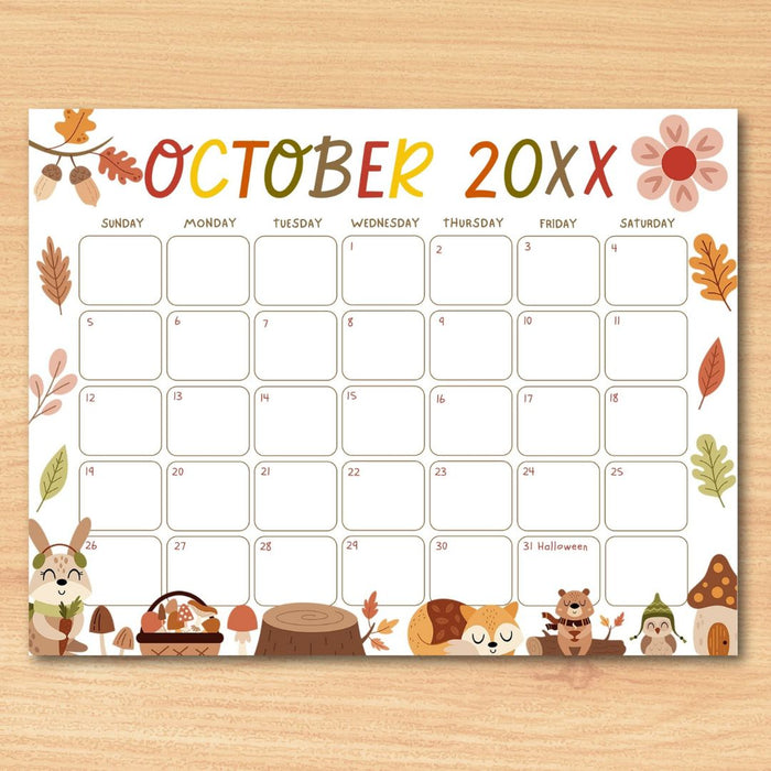 Cute Fall Animal October Calendar