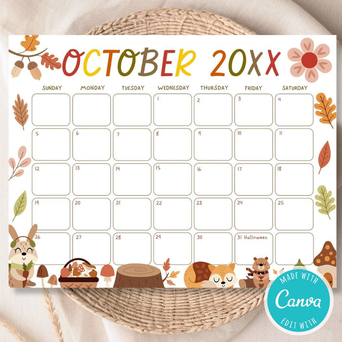 Cute Fall Animal October Calendar