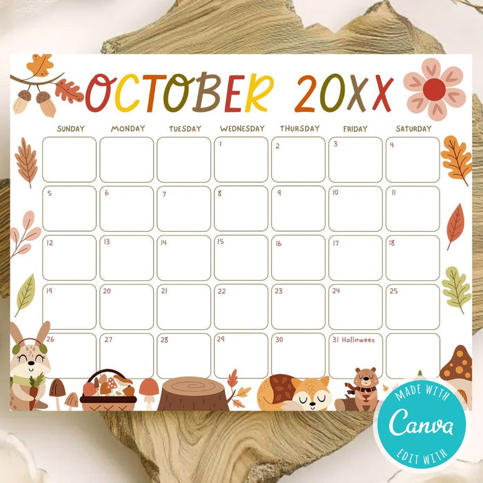 Cute Fall Animal October Calendar