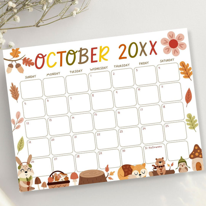Cute Fall Animal October Calendar
