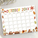Cute Fall Animal October Calendar