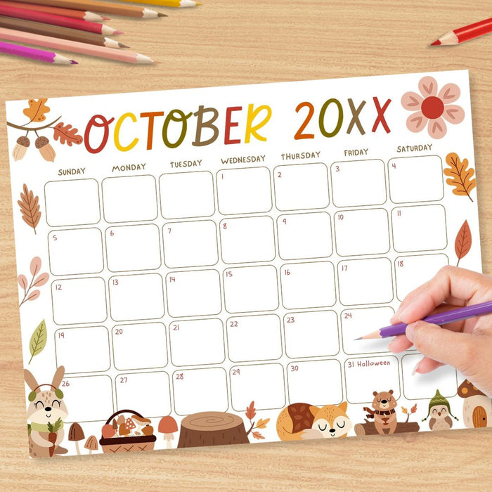 Cute Fall Animal October Calendar