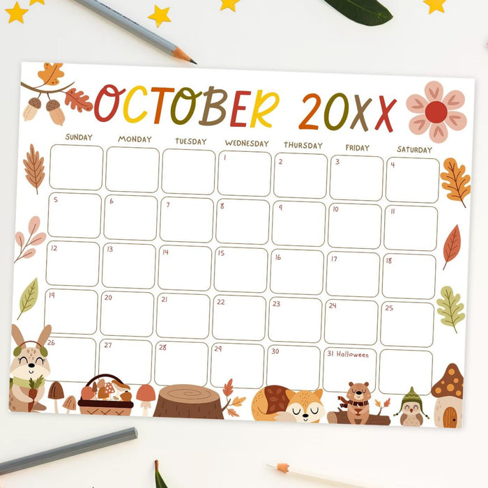 Cute Fall Animal October Calendar