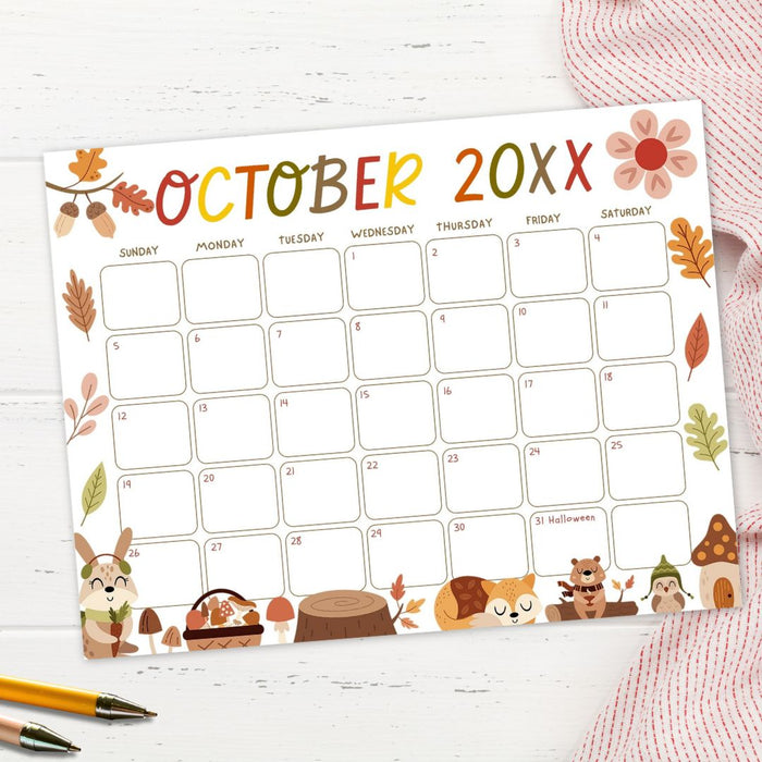 Cute Fall Animal October Calendar