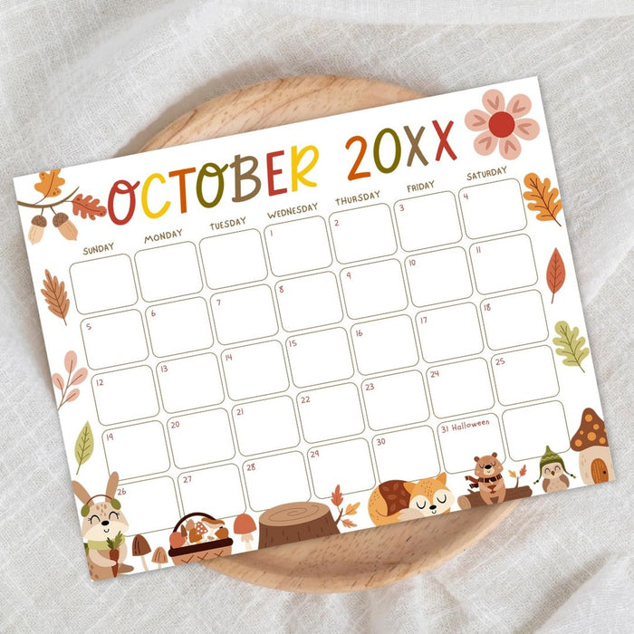 Cute Fall Animal October Calendar
