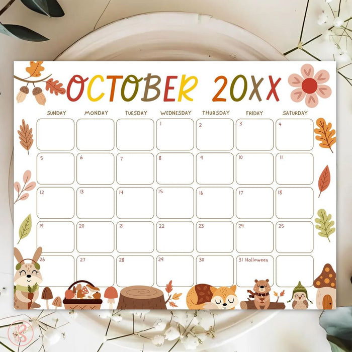 Cute Fall Animal October Calendar