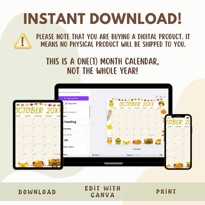DIY Cute Autumn Harvest October Calendar Template